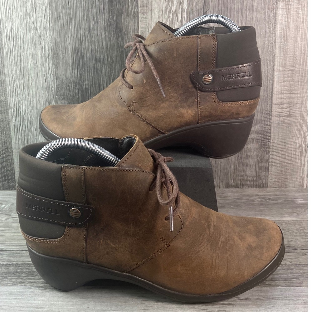 Merrell Butter Rum Brown Leather Lace Up Wedge Ankle Boots J42484 Womens 8